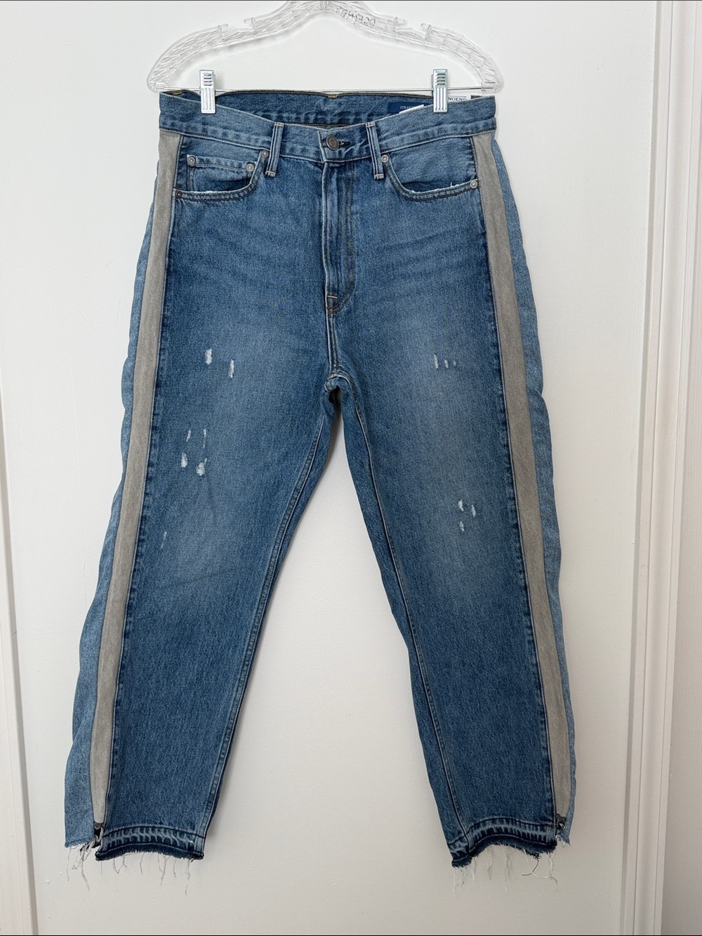 Straight-Leg Women's Blue Denim Jeans with Gray Side Stripe Distressed